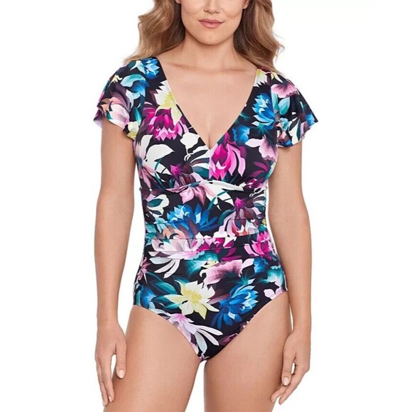 Swim Solutions Women's Floral-Print Flutter-Sleeve One-Piece Swimsuit Size 10 - Picture 1 of 8